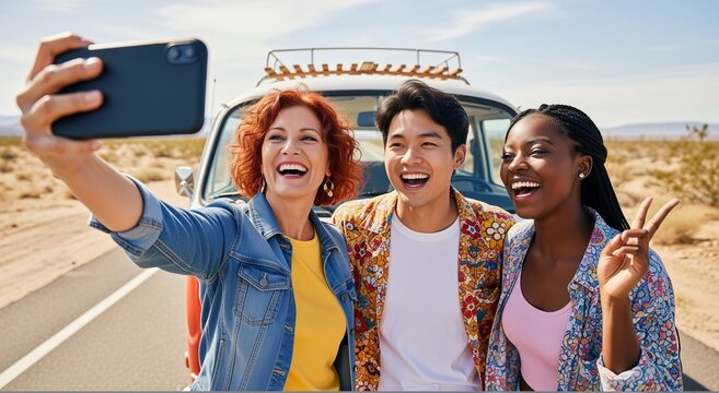 Happy friends taking selfie on road trip with retro van in desert, enjoying vacation, freedom and friendship. Diverse young adults smiling outdoors on travel adventure under sunny blue sky