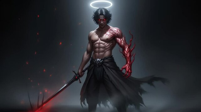 Warrior with Bloodied Sword and Halo in Dark Atmosphere, Intense Action Scene
