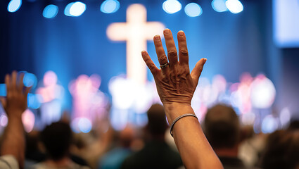 Raised hand worshiping cross church