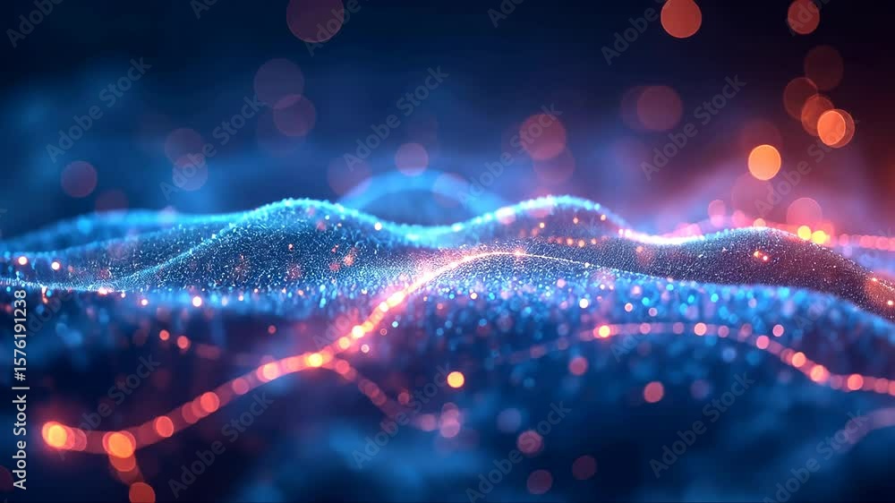 Poster blue and red background with a lot of sparkles. the sparkles are like stars and they are scattered a