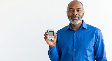 Senior African American man holding glucose meter for diabetes awareness and health monitoring. Portrait with medical device promoting blood sugar control and chronic disease management