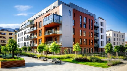 Modern apartment buildings with a landscaped courtyard.
