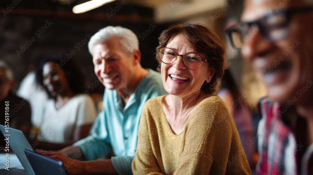 Poster group of diverse seniors smiling and engaging in conversation while using laptops in cozy, modern se