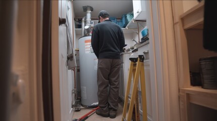 Plumber is replacing water heater in compact utility room, showcasing intricate work involved in home maintenance. scene captures focus and dedication required for plumbing tasks