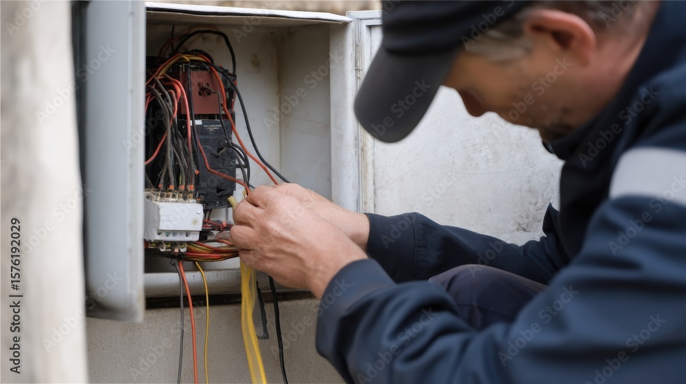 Poster technician working on electrical wiring inside control box, focused on connecting various colored wi