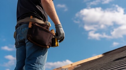 Roofer stands on sloped roof, holding measuring tape, ready to replace damaged shingles under bright blue sky with fluffy clouds. scene conveys sense of diligence and craftsmanship