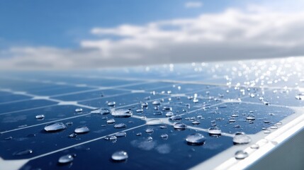 Obraz premium Shiny solar panels glisten with water droplets under bright blue sky, showcasing their efficiency and cleanliness. scene evokes sense of innovation and sustainability