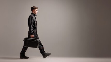 Young handyman walks confidently toward house, carrying toolbox, showcasing professional demeanor and readiness for work. image conveys sense of determination and skill