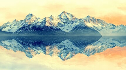 Majestic snow-capped mountains reflected in a calm lake at sunrise.