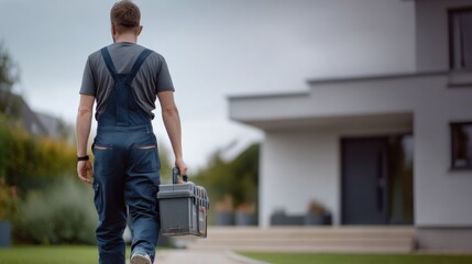 Young handyman walks toward modern house, carrying toolbox. scene conveys sense of purpose and readiness for work, showcasing handyman skills and dedication