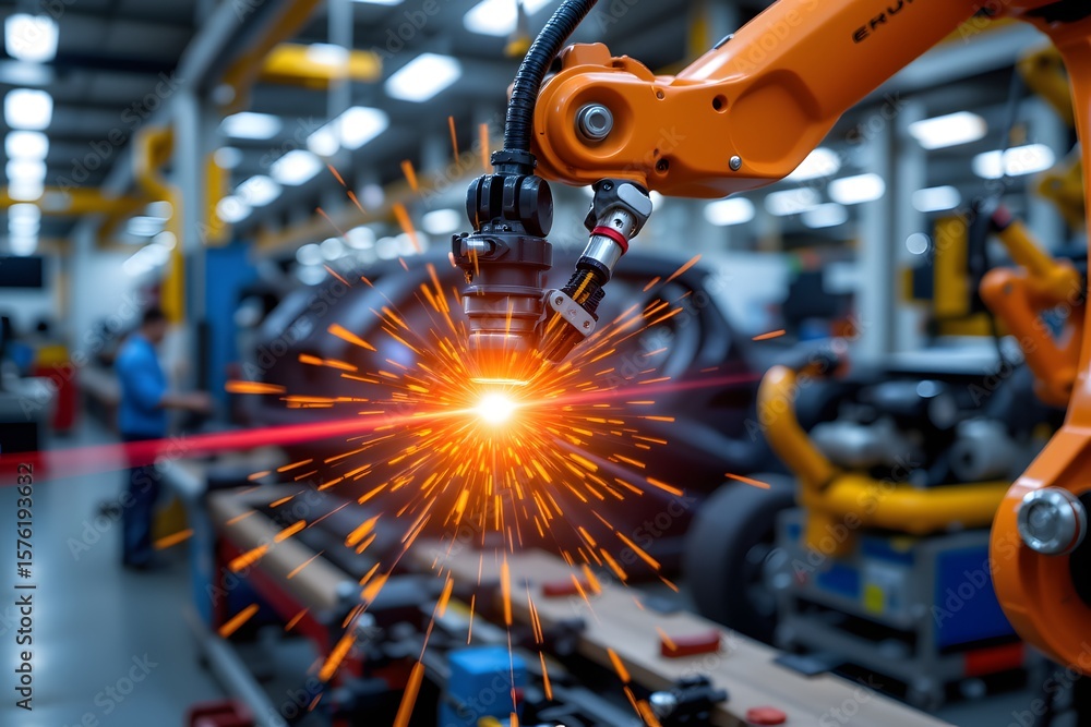 Poster welding robot in production: a close-up shot showcases the intense sparks generated by a welding rob
