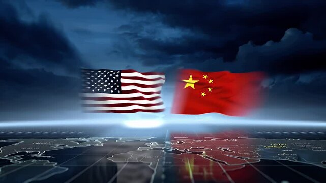 A cinematic scene of the US and Chinese flags facing each other on an empty battlefield or on the surface of a geopolitical map.
