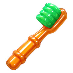 3D Translucent Icon Style Orange Toothbrush with Green Bristles Isolated on Transparent Background