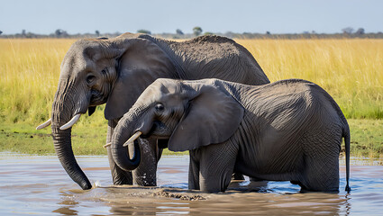 Two elephants drinking water in a grassy field wildlife savanna