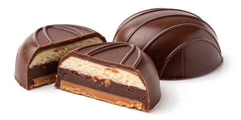 Luxurious handmade gourmet candy with rich chocolate ganache filling, sliced to reveal creamy texture, isolated on white background for premium dessert, confectionery, or packaging design.