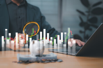 Financial Market Analysis Long Term Investment Strategy With Magnifying Glass, Candlestick Chart Piggy Bank On Laptop