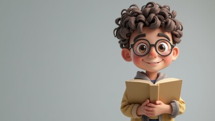A boy in glasses stands on a gray background and holds a book in his hands. free space for text