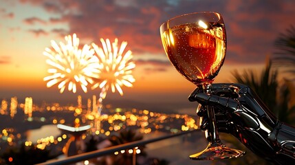 Robotic Hand Holding Champagne Glass with Fireworks and City Lights at Sunset