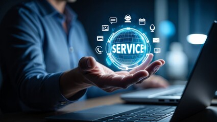 Man holding a glowing sphere with the word service and various service icons in a futuristic digital interface