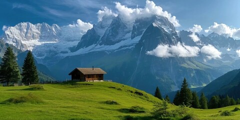 A wooden cabin on a green hill with snow covered mountains in the background
