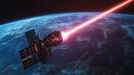Satellite Emitting Energy Beam Above Earth in Cosmic Space Scene