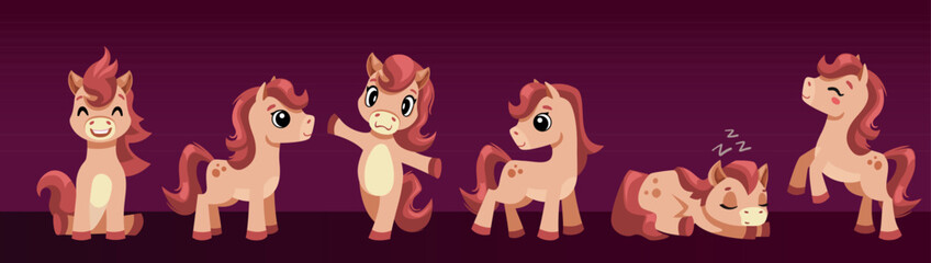 Set of cute horses in different poses. Hand-drawn ponies, cute magic character. Vector illustration for birthday poster design or New Year greeting cards.