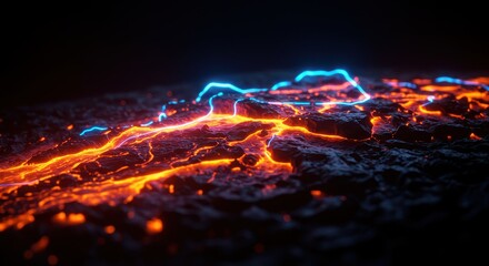 Abstract Volcanic Lava Flow with Electric Blue and Orange Energy Streams