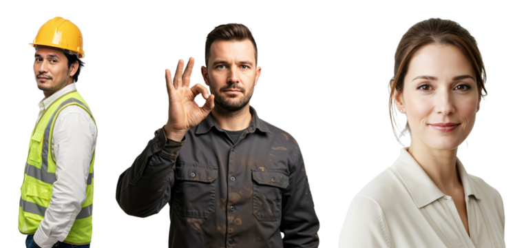 Trio of diverse individuals: a smiling Hispanic male construction worker in a yellow hard hat and safety vest, a confident Caucasian male making an okay sign, and a serious Caucasian female