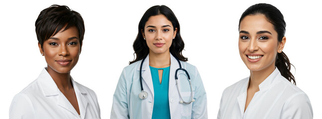 A group of three women doctors, two in white lab coats and one in medical scrubs, representing diverse backgrounds and expertise in a healthcare setting.