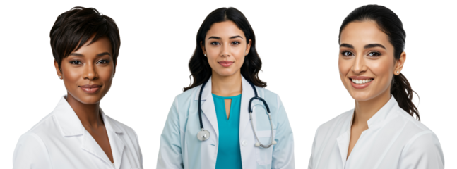 A group of three women doctors, two in white lab coats and one in medical scrubs, representing diverse backgrounds and expertise in a healthcare setting.