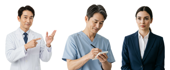 Professional Medical Team in Healthcare Setting: Asian Male Doctor, Male Nurse, and Female Administrator Engaged in Collaborative Discussions