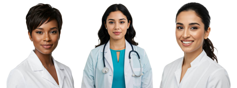 A group of three women doctors, two in white lab coats and one in medical scrubs, representing diverse backgrounds and expertise in a healthcare setting.