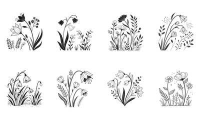 Black and White Fantasy Flowers and Plants Vector Illustration Minimal Clean Line Art Botanical Silhouettes.