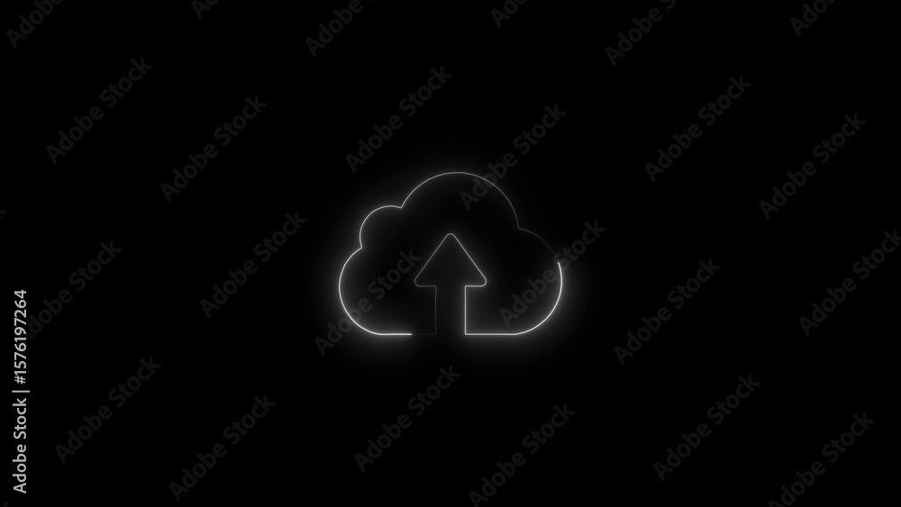 Poster cloud upload icon silhouette with white neon outline on black depicting data transfer and digital st