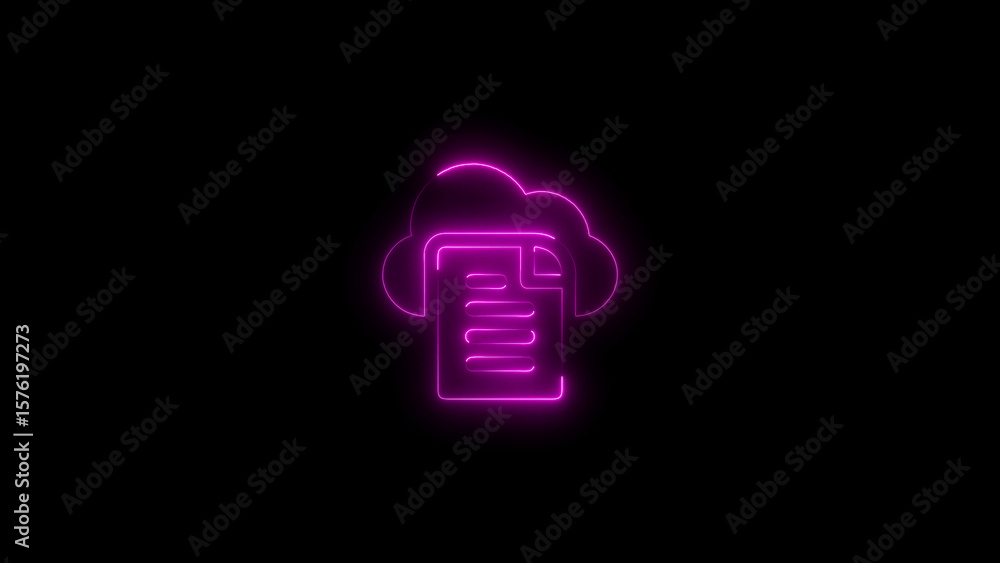 Poster neon cloud document icon on black displaying data storage and digital file sharing