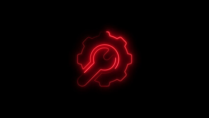 Red neon settings icon with gear and wrench on black background for web applications and technical concepts