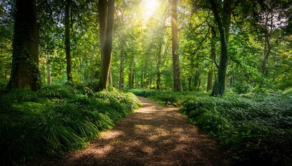 Naklejka premium a lush green forest with an empty path and sunlight