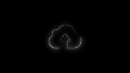 Cloud upload icon silhouette with white neon outline on black depicting data transfer and digital storage concepts.