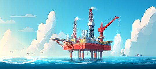 A massive offshore oil platform stationed in open sea, highlighting marine industrial operations
