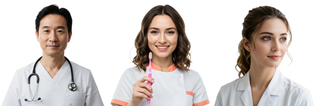 A Portrait of Three Healthcare Professionals: A Male Asian Doctor, a Smiling Female Caucasian Dental Hygienist Holding a Toothbrush, and a Female Caucasian Nurse with a Caring Expression - Powered by Adobe