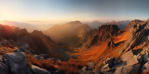Obraz premium Majestic Mountain Panorama at Sunrise Golden Hour Hues over Rugged Peaks