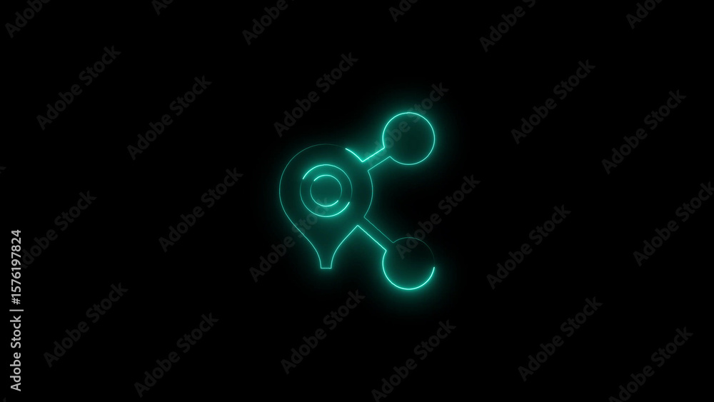 Poster neon green share icon with location pin connection on a black background conceptual design.