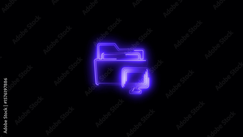 Fototapete neon outline illustration of a folder icon and computer screen displaying digital data on a black ba