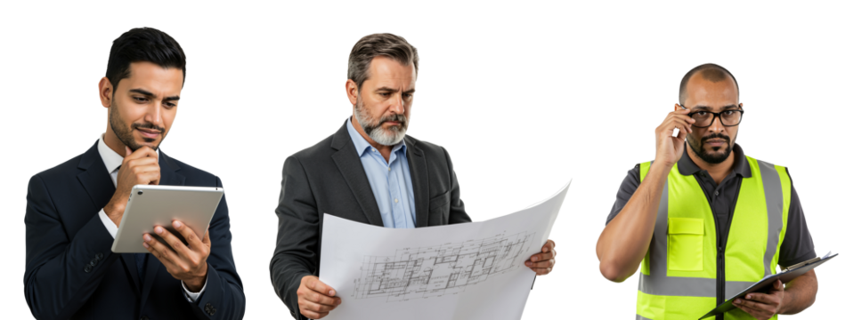 A Diverse Group of Professionals Collaborating on Construction Plans: Two Men in Formal Attire and One in Safety Gear Analyzing Blueprints and Using Technology