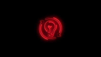 Red neon lightbulb surrounded by arrows symbolizing ideas and innovation on a black background