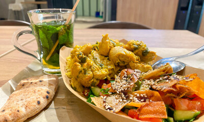 Morocco style chicken with nam and mint tea, street food, vacation