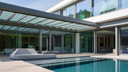 Fototapeta premium Modern Luxury Home Poolside Relaxation: Glass Pavilion, Sunlit Terrace, Minimalist Design