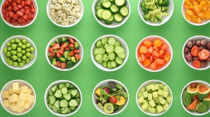 Assortment of healthy food dishes. Top view. Free space for your text.