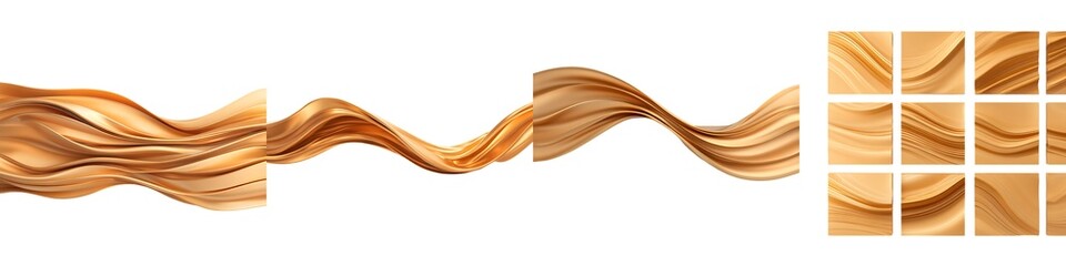Obraz premium 3D poster set with gold liquid waves isolated on white background. Render of collection fluid golden ribbon backgrounds with reflection effect flying in motion. 3d vector cyber chromemorphi 64719233 1