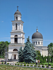 CHISINAU, MOLDOVA - JUNE 20, 2025 The Metropolitan Cathedral Nativity of the Lord with the bell tower, architectural centerpiece of moldovan capital. Summer season beautiful view to the landmark